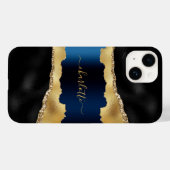 Zwart goudblauw marmer-naamscript Case-Mate iPhone case (Achterkant (horizontaal))