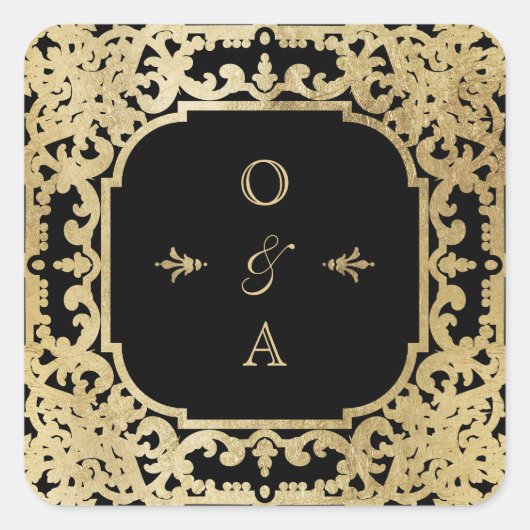 Zwart-goudelegant huwelijksmonogram vierkante sticker (Voorkant)