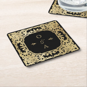 Zwart-goudelegant monogram squar vierkante kartonnen onderzetter