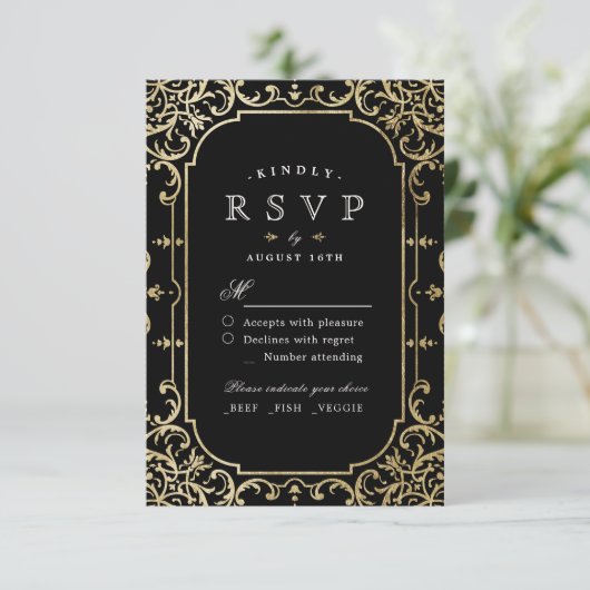 Zwart-goudelegant romantisch oogstjaar RSVP (Staand voorkant)