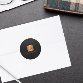 Zwart goudelegant script monogram naam leder ronde sticker