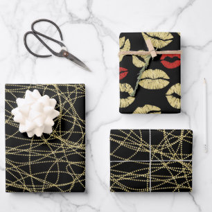 Zwart Gouden Abstracte Rode Lippen Bruiloftsfeest Inpakpapier Vel