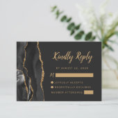 Zwart Gouden Agaat Brush Script Wedding RSVP Kaartje (Staand voorkant)