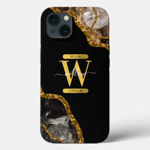 Zwart & Gouden Agaat Geode Monogram iPhone 13 Hoesje