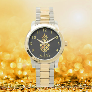 Zwart gouden anananas, elegant horloge