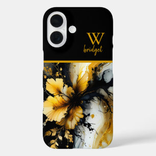 zwart gouden bloem marmer iPhone 16 hoesje