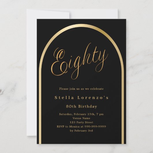 Zwart gouden boog script luxe 80e verjaardag kaart (Voorkant)