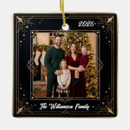 Zwart Gouden Elegante Familie Foto Kerst Keramiek Keramisch Ornament