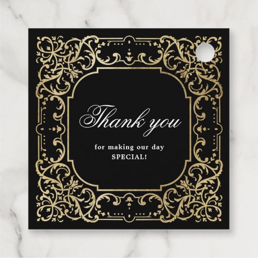 Zwart-gouden elegante romantische bruiloft bedankjes labels (Achterkant)
