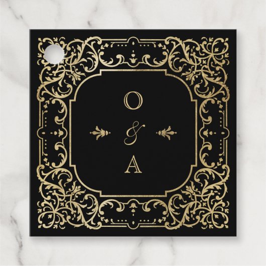 Zwart-gouden elegante romantische bruiloft bedankjes labels (Voorkant)