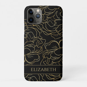 Zwart Gouden Florale Gepersonaliseerde iPhone 11 Pro Hoesje