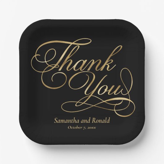 Zwart & Gouden Folie Dank u Kalligrafie Trouwen Papieren Bordje (Voorkant)