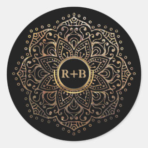 Zwart Gouden Folie Mandala Boho Bruiloft Favor Ronde Sticker