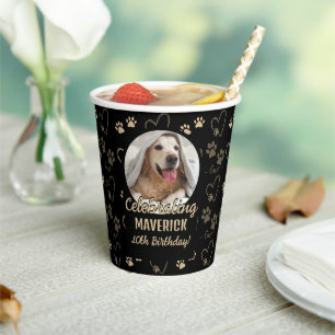 Zwart Gouden Foto Pootafdruk Hond Verjaardagsfeest Papieren Bekers