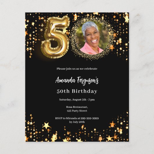 Zwart gouden foto sterren 50e verjaardag uitnodigi (Voorkant)