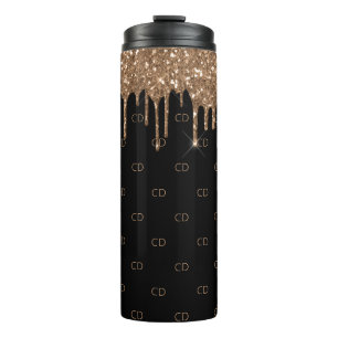 Zwart gouden glitter druppelt monogram patroon thermosbeker