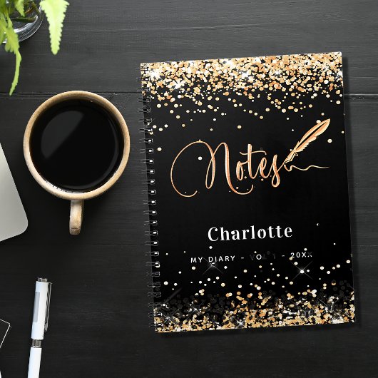 Zwart gouden glitter pen script name notitieboek