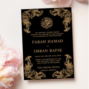 Zwart  Gouden Hoek Islamitische Moslim Bruiloft Kaart