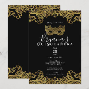 Zwart & Gouden Kant Maskerade 15e Quinceañera Kaart