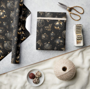 Zwart Gouden Luxe Kerstbal Patroon  Cadeaupapier