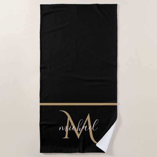 Zwart-gouden monogram Elegant Luxury Strandlaken (Voorkant)