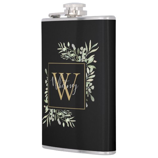 Zwart Gouden Monogram Groene Bloemen Heupfles (Links)