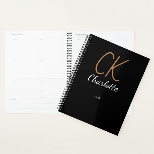 Zwart gouden monogram initialen naam 2025 planner (Display)