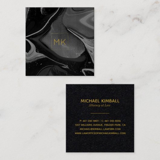 Zwart-gouden monogram | Marble Square Business Vierkante Visitekaartje (Voorkant / Achterkant)