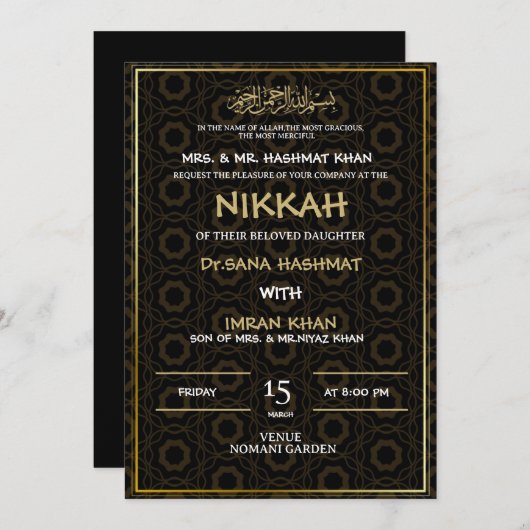 ZWART & GOUDEN MOSLIM BRUILOFT UITNODIGING (Voorkant / Achterkant)
