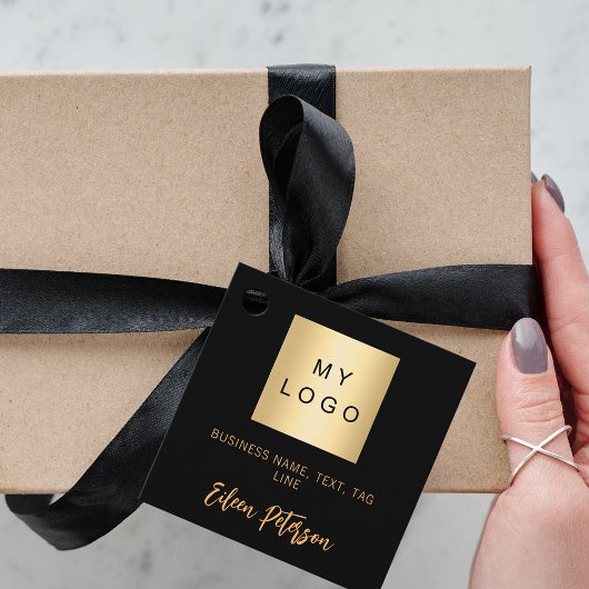 Zwart gouden naam handtekening bedrijf logo hang l bedankjes labels