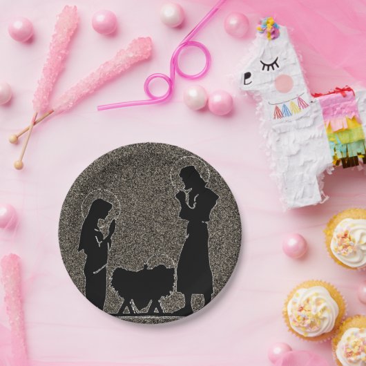 Zwart-gouden nativiteit getextureerd papieren bordje (Feest)