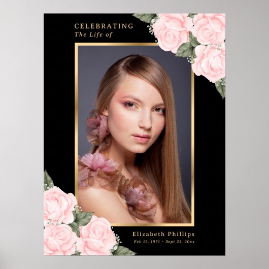 Zwart gouden roze bloem foto herdenkings rouw bord poster (Voorkant)