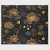 Zwart & gouden rozen kerstpatroon cadeaupapier (Vlak)