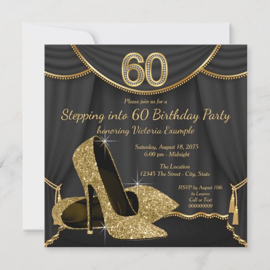 Zwart Gouden Schoen Stap in 60 Verjaardagsfeest Kaart (Voorkant)