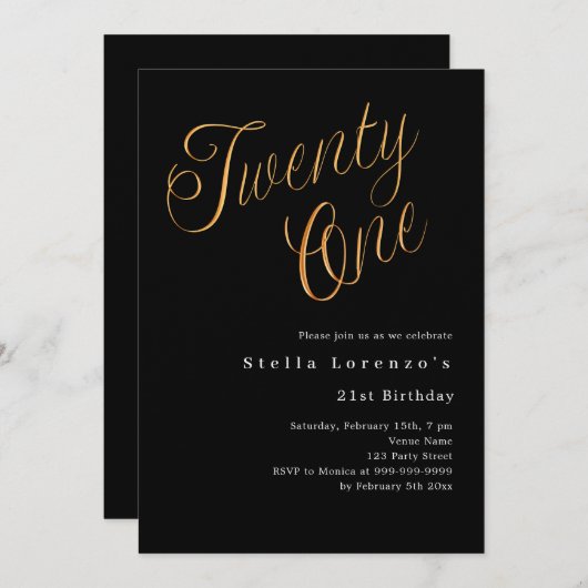 Zwart gouden script eenvoudige 21e verjaardag luxe kaart (Voorkant / Achterkant)