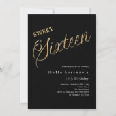 Zwart gouden script elegant Sweet 16 Kaart (Voorkant)