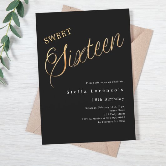 Zwart gouden script elegant Sweet 16 Kaart