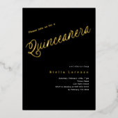 Zwart gouden script elegante Quinceanera Folie Uitnodiging (Voorkant)