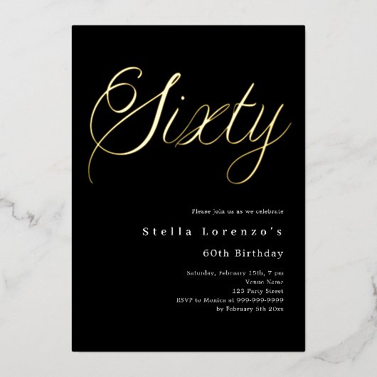 Zwart gouden script luxe 60e verjaardag folie uitnodiging (Voorkant)