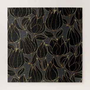 Zwart gouden tulpen: luxe bloemenpatroon legpuzzel