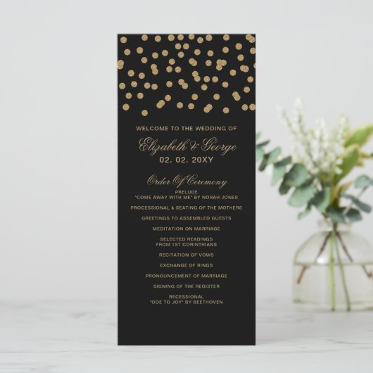 Zwart goudglitter Confetti Elegant Wedding Programma (Staand voorkant)