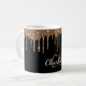 Zwart goudglitter druppelt monogram elegant monogr koffiemok (Voorkant links)