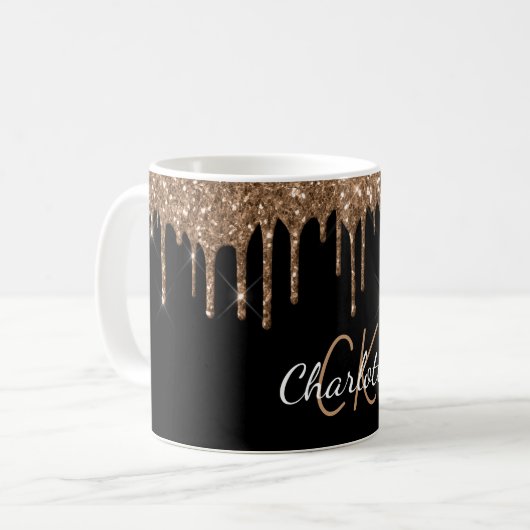 Zwart goudglitter druppelt monogram elegant monogr koffiemok (Voorkant links)