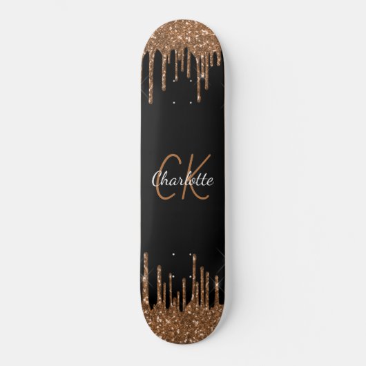 Zwart goudglitter druppelt monogram elegant monogr skateboard (Voorkant)
