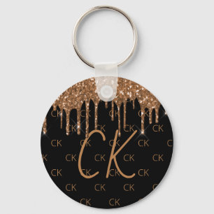 Zwart goudglitter druppelt monogram initialen sleutelhanger