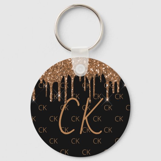 Zwart goudglitter druppelt monogram initialen sleutelhanger (Voorkant)