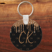Zwart goudglitter druppelt monogram initialen sleutelhanger (Voorkant)