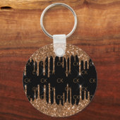Zwart goudglitter druppelt monogram initialen sleutelhanger (Voorkant)