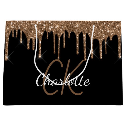 Zwart goudglitter druppelt monogram naamscript groot cadeauzakje (Voorkant)
