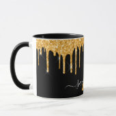 Zwart goudglitter druppelt monogram naamscript mok (Links)